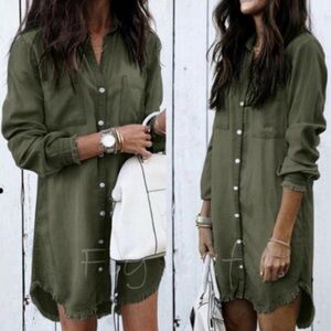 New Boho Freyed Hem Button Up Olive Denim Dress